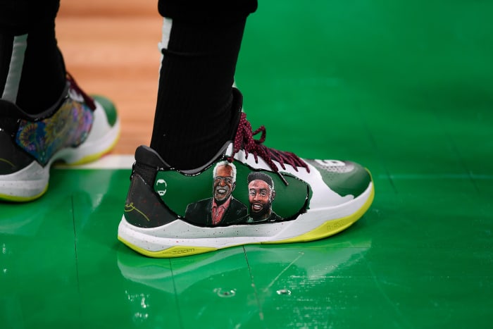 View of Jaylen Brown's custom green shoes.